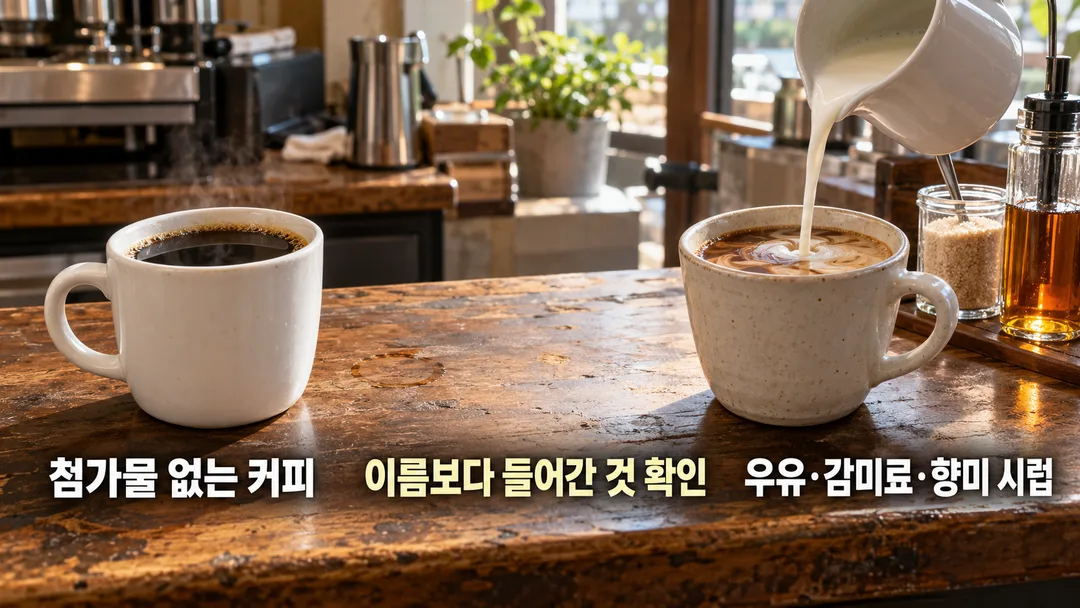 비교 장면. 첨가물 없는 커피 한 잔과 우유·감미료·향미 시럽이 더해지는 커피 한 잔을 나란히 보여 준다.