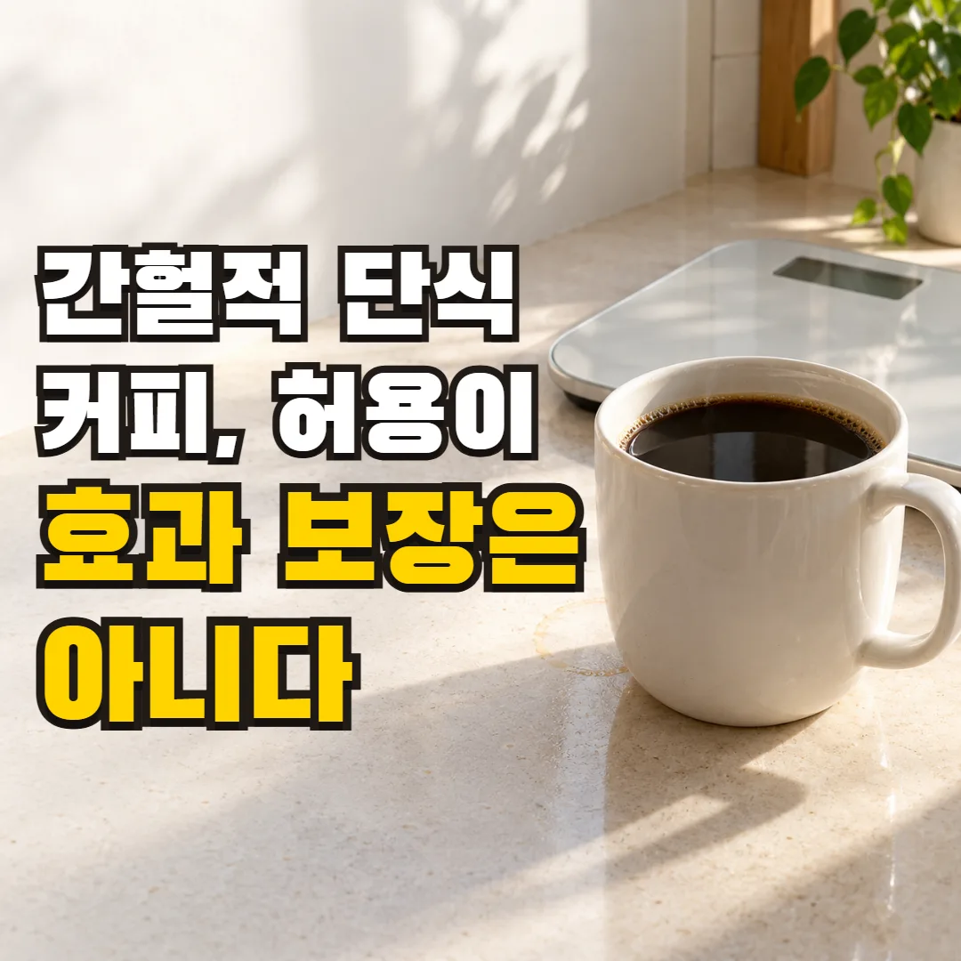 간헐적 단식 커피, 허용이 효과 보장은 아니다 — 선명한 블랙커피 잔과 그 뒤에 일부 가려진 빈 체중계