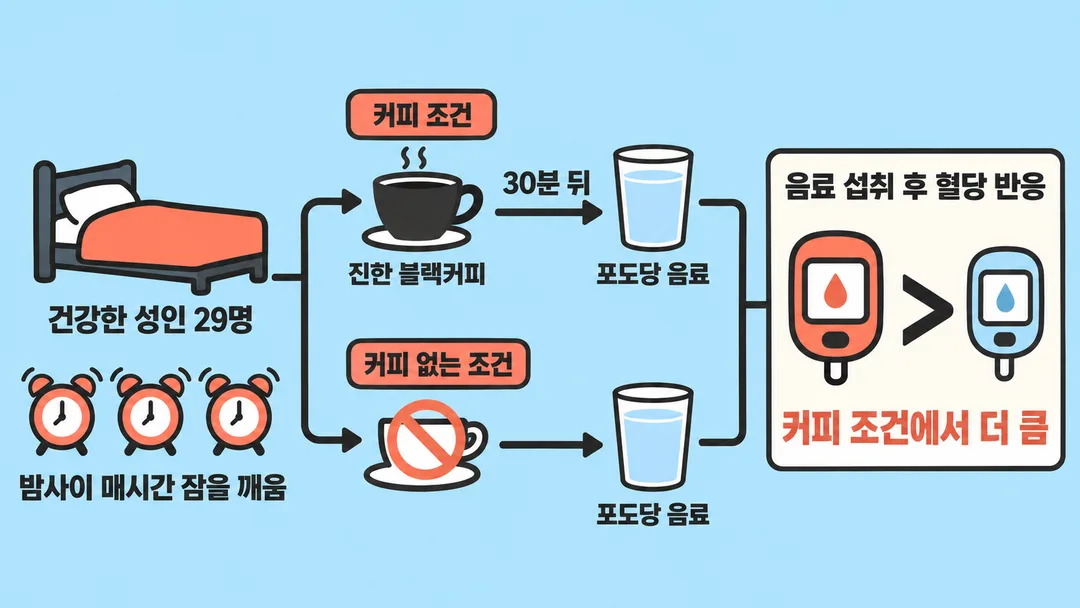 시험 순서도. 건강한 성인 29명이 밤사이 매시간 잠을 깨운 조건을 거친 뒤, 진한 블랙커피를 포도당 음료 30분 전에 마신 조건과 커피 없이 포도당 음료를 마신 조건의 혈당 반응을 비교한다.