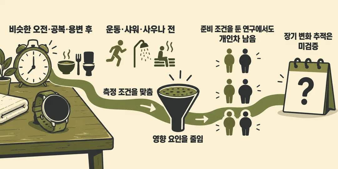 설명 그림. 비슷한 시간과 상태로 측정하면 영향 요인을 줄이는 데 도움이 되지만, 준비 조건을 둔 워치5 연구에서도 개인차가 있었고 장기 변화 추적 능력은 검증하지 않았음을 나타낸다.
