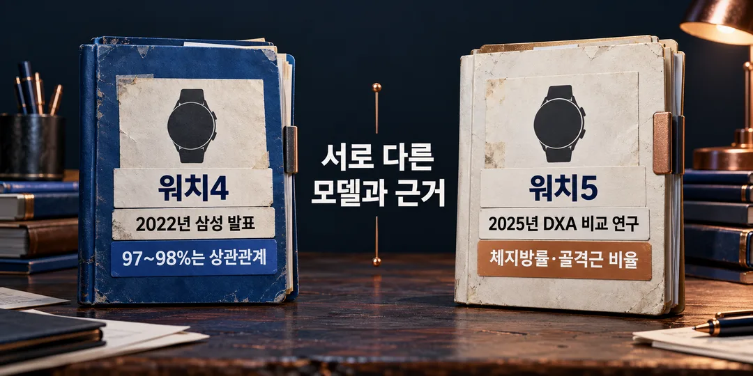 근거 구별 그림. 2022년 삼성의 워치4 발표에서 말한 97~98% 상관관계와 2025년 워치5의 체지방률·골격근 비율 DXA 비교 연구를 별개의 자료로 보여 준다. 워치5 개인 수치의 정확성을 97~98%로 주장하지 않는다.