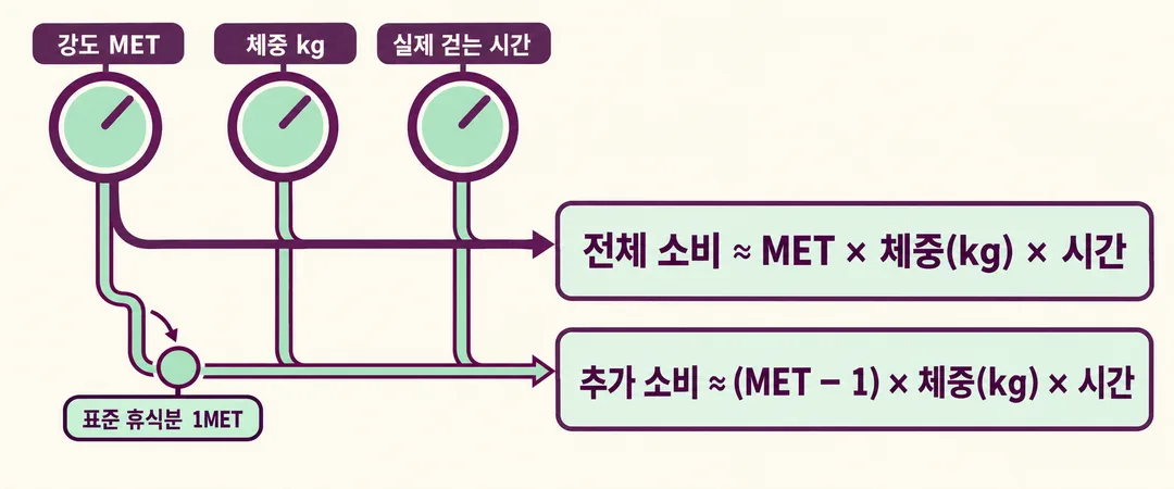 설명 그림. 강도, 체중, 실제 걷는 시간이 두 계산식에 들어가며 추가 소비에서는 강도 MET에서 표준 휴식분 1MET를 뺀다. 개인의 실제 측정값이 아닌 추정식이다.