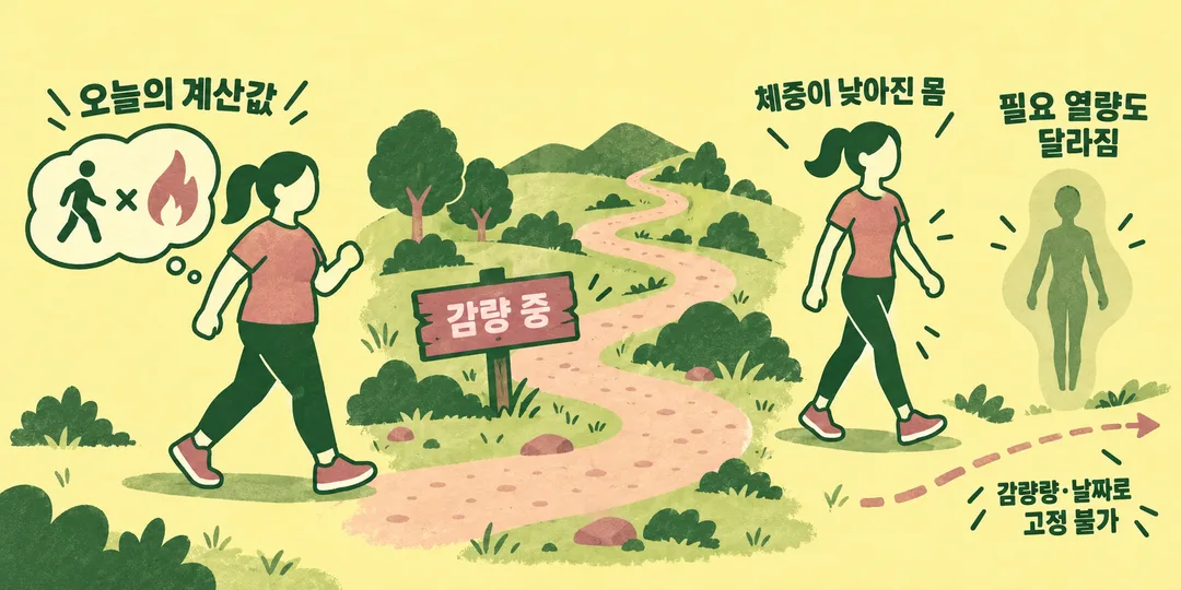 설명 그림. 오늘의 걷기 열량 계산 뒤 감량 과정에서 몸의 체중과 필요 열량이 변하는 흐름을 보여 주며, 감량량이나 날짜를 확정하지 않는다.