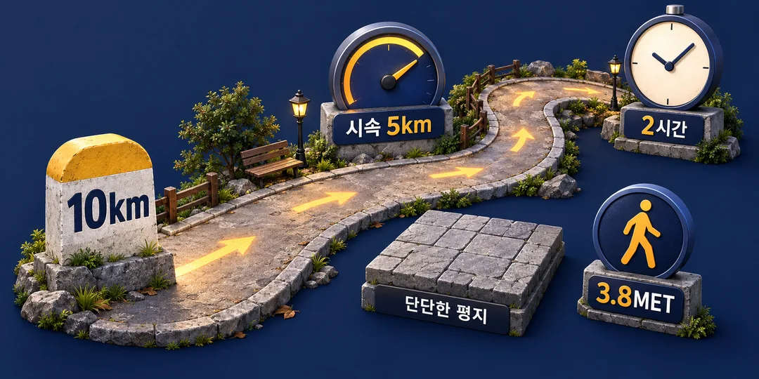 설명 그림. 10km 걷기 예시에서 시속 5km가 2시간으로 이어지고, 단단한 평지의 보통 걷기에 3.8MET를 적용하는 순서를 보여 준다.
