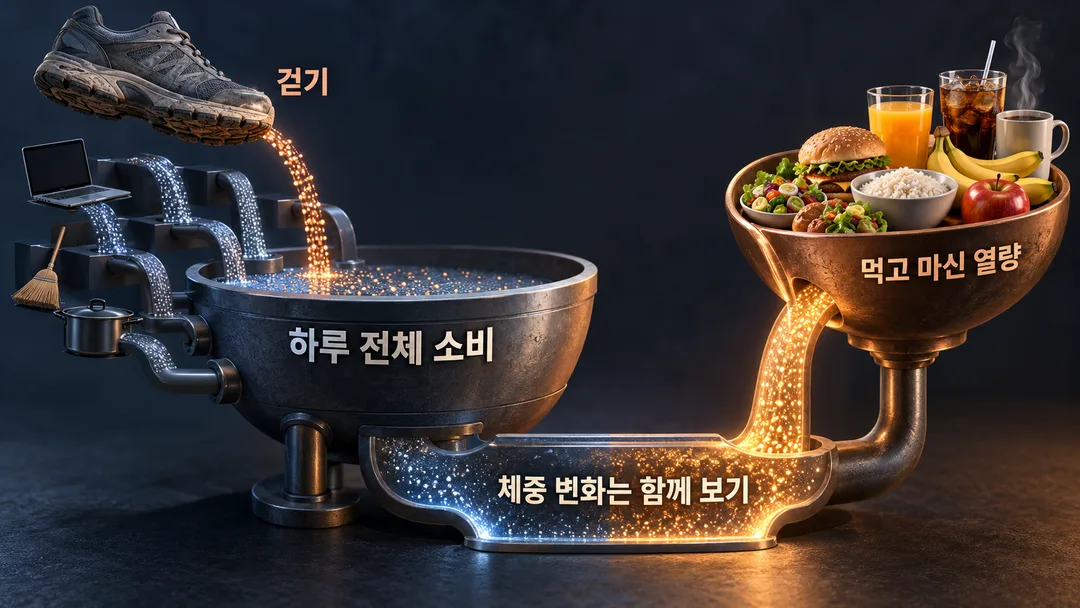 설명 그림. 걷기가 하루 전체 소비의 한 부분으로 들어가고, 먹고 마신 열량을 함께 고려해야 체중 변화를 생각할 수 있음을 보여 준다.