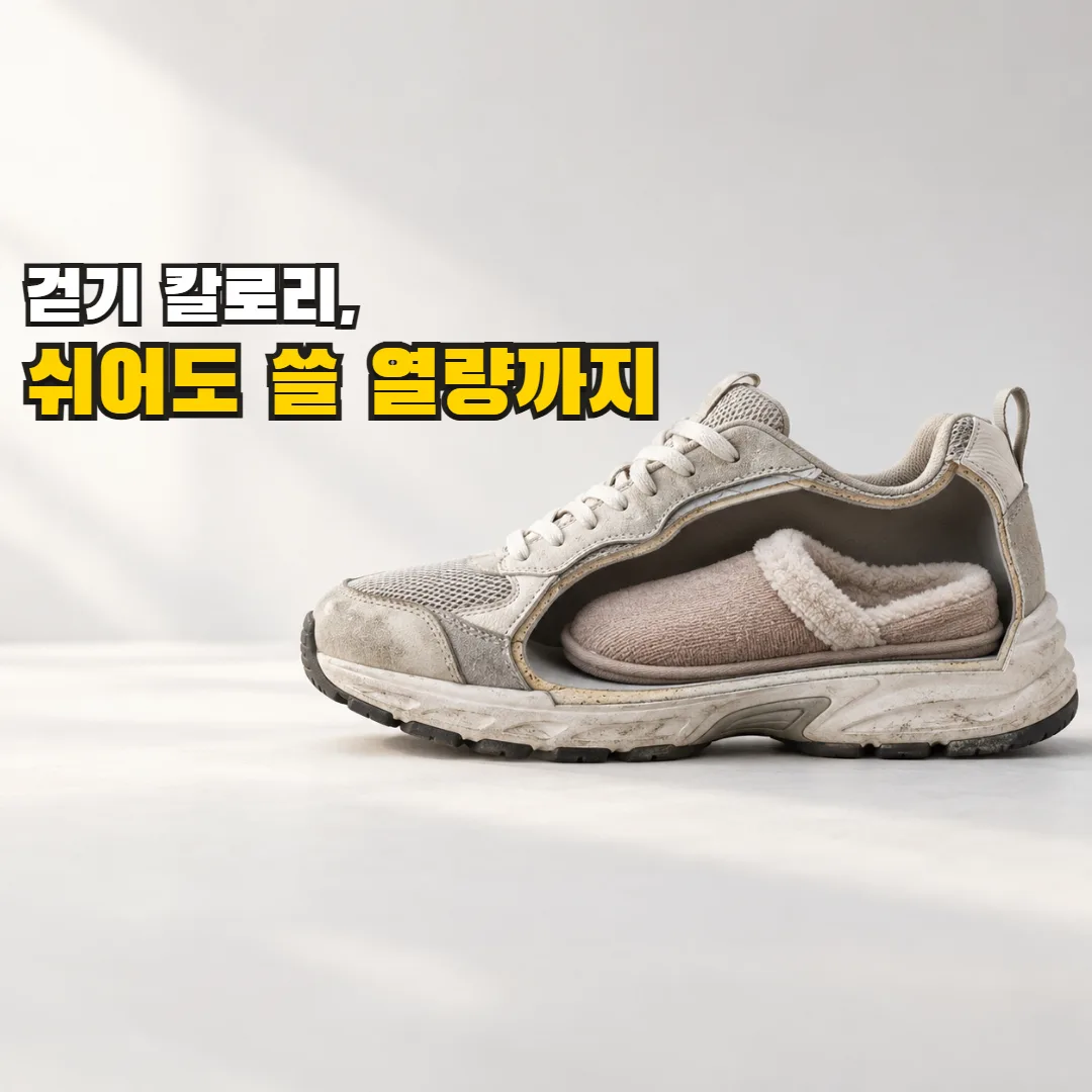 걷기 칼로리, 쉬어도 쓸 열량까지 — 단면을 연 운동화 안에 보이는 작은 실내화