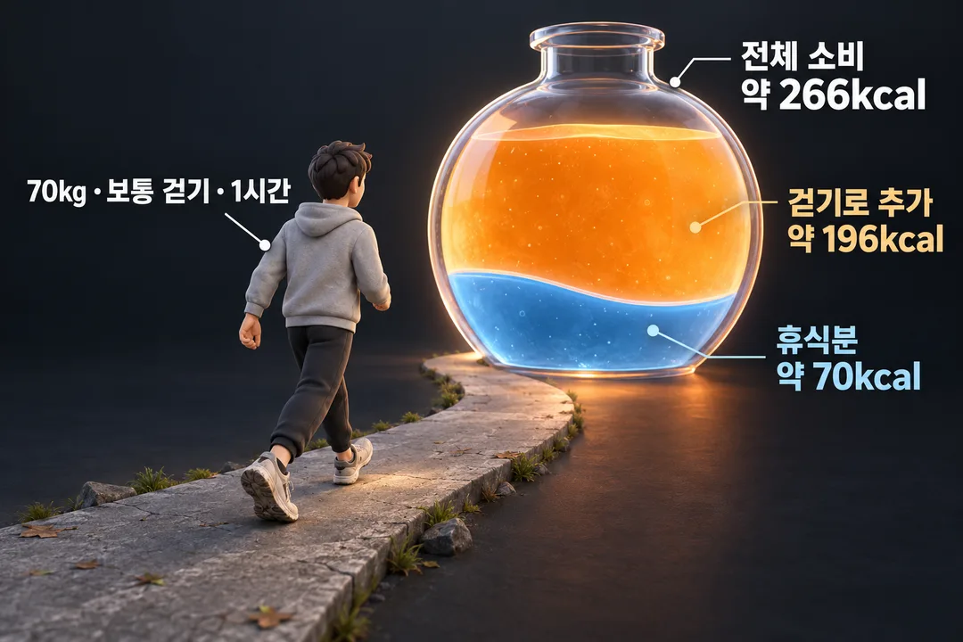 설명 그림. 70kg 사람이 보통 속도로 1시간 걸을 때 전체 소비 약 266kcal가 휴식분 약 70kcal와 추가 소비 약 196kcal로 나뉘는 모습을 보여 준다.