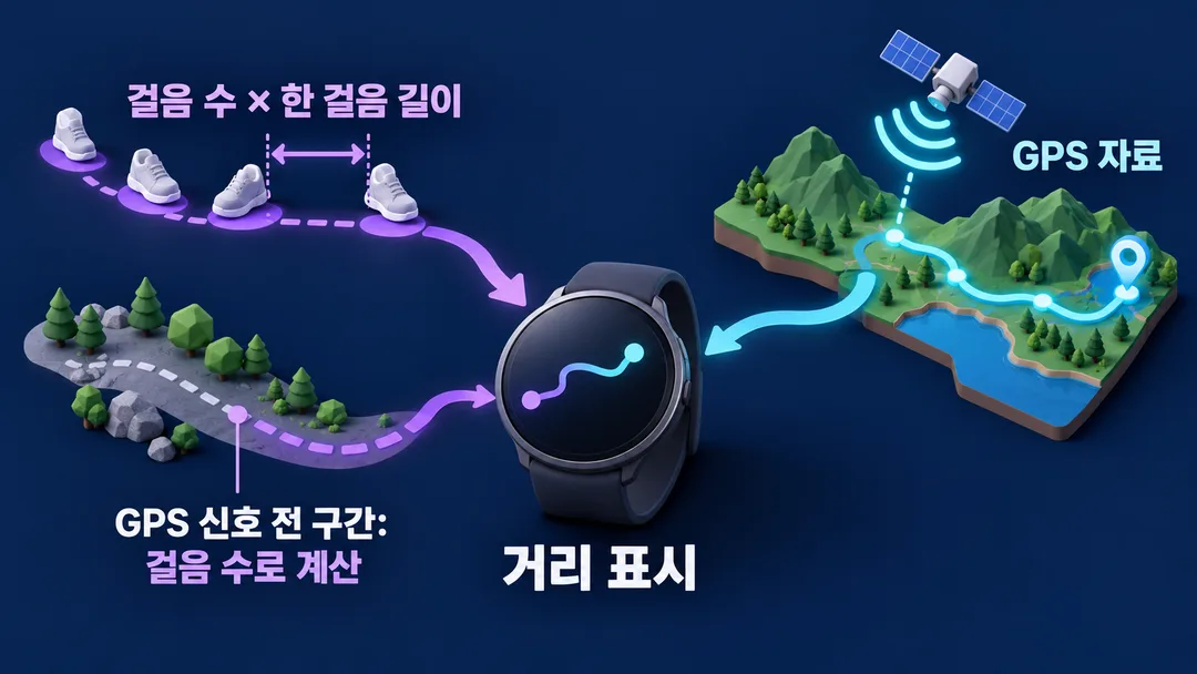 설명 그림. Fitbit 안내에 나온 걸음 기반 계산과 GPS 자료가 거리 표시에 연결되는 서로 다른 경로