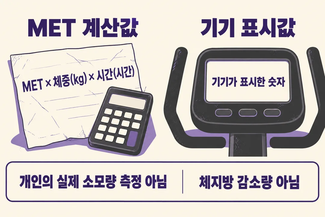 설명 그림. MET·체중·시간으로 구한 계산값과 운동기기에 표시된 숫자를 다른 출발점에 놓고, 어느 쪽도 개인의 실제 소모량 측정이나 체지방 감소량으로 해석하지 않도록 표시한다.