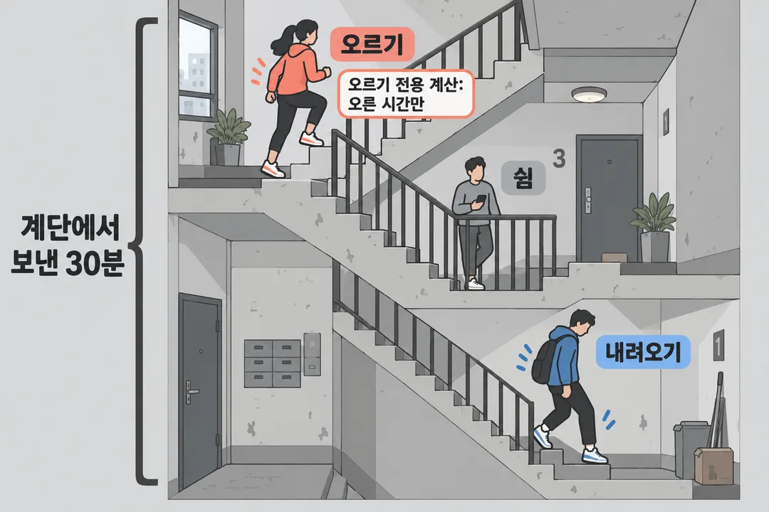 설명 그림. 계단에서 보낸 30분에 오르기·내려오기·쉼이 있을 수 있지만, 오르기 전용 칼로리 계산에는 실제로 오른 시간만 넣는다는 관계를 보여준다.