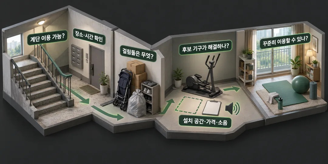 판단 흐름 그림. 계단을 이용할 장소와 시간을 확인하고 걸림돌을 찾은 뒤, 후보 기구의 설치 공간·가격·소음 자료와 지속 가능성을 검토하는 순서를 보여준다.