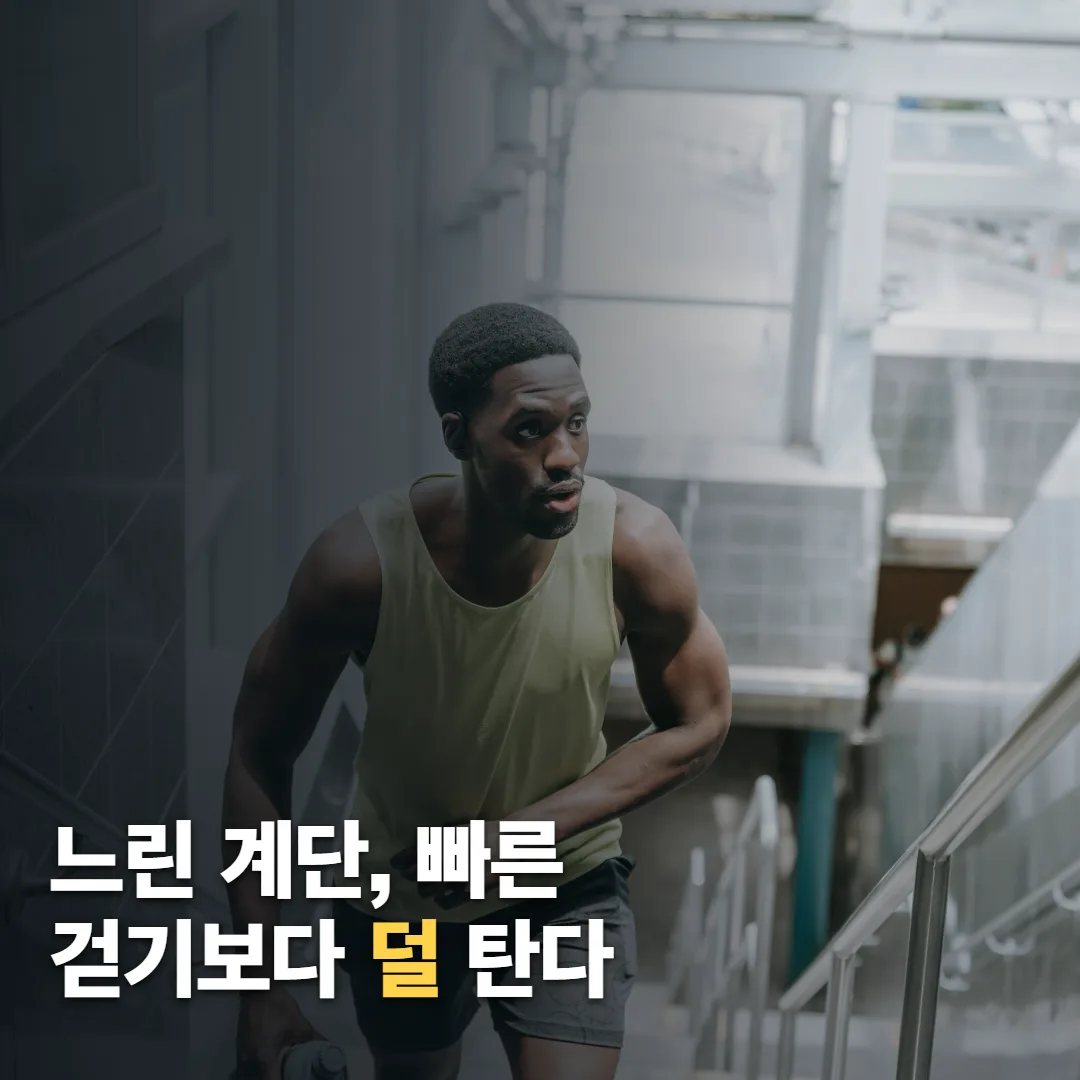 실내 계단을 오르는 사람의 실제 사진 위에 ‘느린 계단, 빠른 걷기보다 덜 탄다’라고 쓴 썸네일.