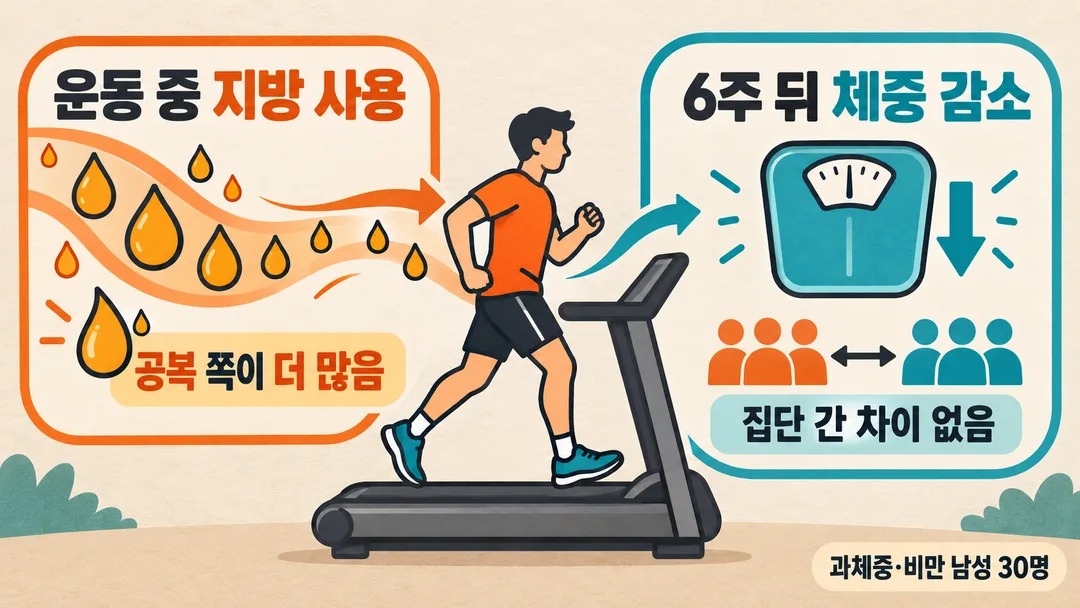 설명 그림. 운동 중 지방 사용은 공복 집단에서 더 많았지만, 6주 뒤 체중 감소는 두 집단 사이에 차이가 없었다는 서로 다른 측정 결과를 보여준다.