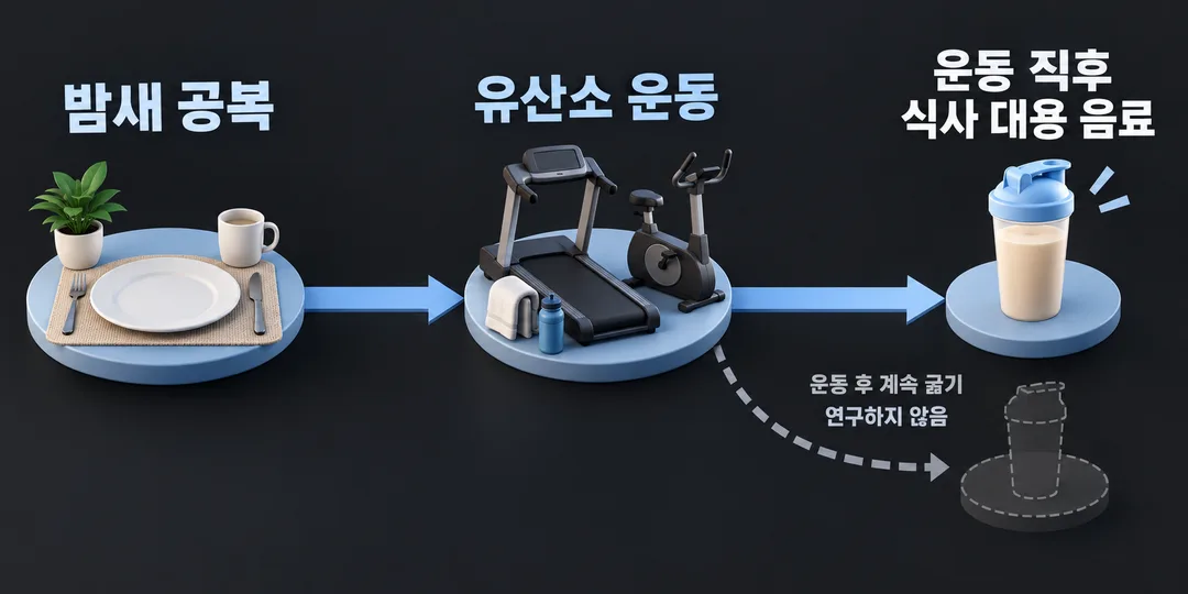 설명 그림. 연구 속 공복 집단은 밤새 공복으로 운동한 뒤 곧바로 식사 대용 음료를 먹었으며, 운동 후 계속 굶는 방식은 연구하지 않았다는 순서를 보여준다.