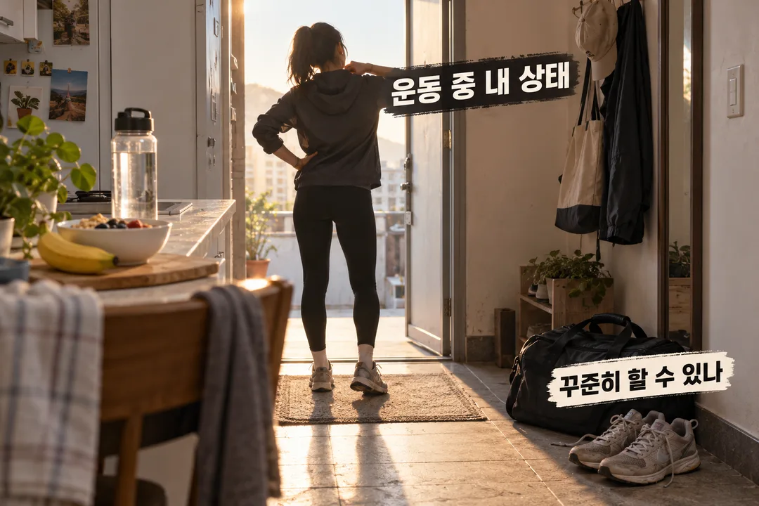 장면. 아침 운동을 준비하는 익명의 사람이 자신의 몸 상태와 앞으로도 운동을 이어갈 수 있을지를 살피는 선택을 보여준다. 실제 인물이나 연구 현장 사진은 아니다.