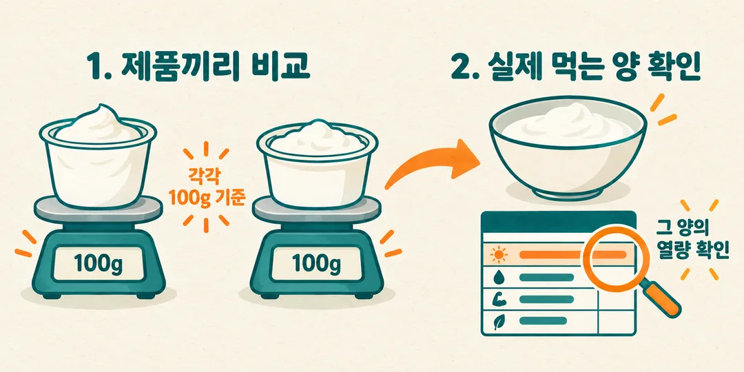 설명 그림. 서로 다른 무표식 요거트 두 제품을 각각 100g으로 맞춰 비교한 뒤 실제 먹는 양에 해당하는 열량을 확인하는 순서를 보여 준다.