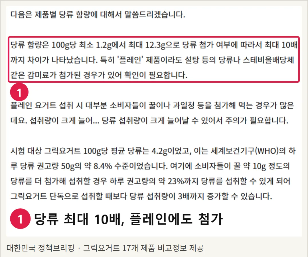 대한민국 정책브리핑에 실린 그릭요거트 17개 제품 비교시험 발표 화면. 플레인 제품에도 당류나 감미료가 들어간 경우가 있다는 근거를 확인하는 실제 화면이다.