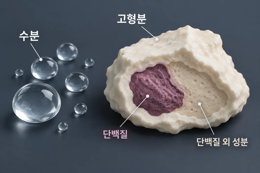 설명 그림. 요거트의 수분을 바깥으로 분리하고 남은 고형분 안에 단백질과 단백질 외 성분을 함께 보여 준다. 각 부분의 크기는 실제 함량을 뜻하지 않는다.