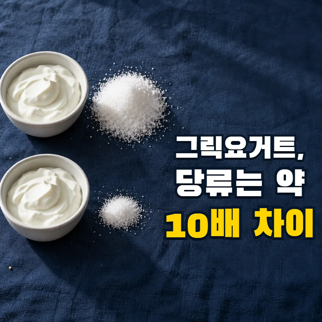 그릭요거트, 당류는 약 10배 차이 — 겉보기에는 비슷한 그릭요거트 두 컵과 크기가 다른 두 설탕 더미