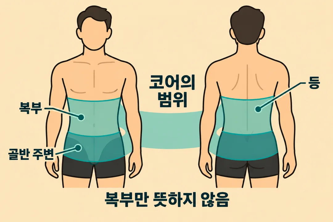 범위 그림. 몸통의 앞모습과 뒷모습에 복부·등·골반 주변을 넓은 영역으로 표시해 코어가 복부만을 뜻하지 않음을 보여 준다.