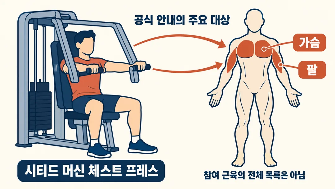 설명 그림. 시티드 머신 체스트 프레스 한 동작에서 가슴과 팔로 선이 이어진다. 표시한 부위는 공식 안내의 주요 대상이며 참여 근육 전체를 뜻하지 않는다.