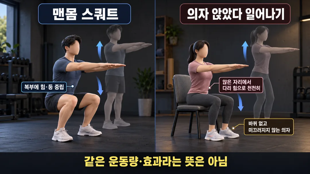 동작 비교 그림. 한쪽은 서서 맨몸 스쿼트를 하고, 다른 쪽은 바퀴 없는 의자에서 팔로 밀지 않고 다리 힘으로 천천히 일어난다. 두 동작의 운동량이나 효과가 같다는 뜻은 아니다.