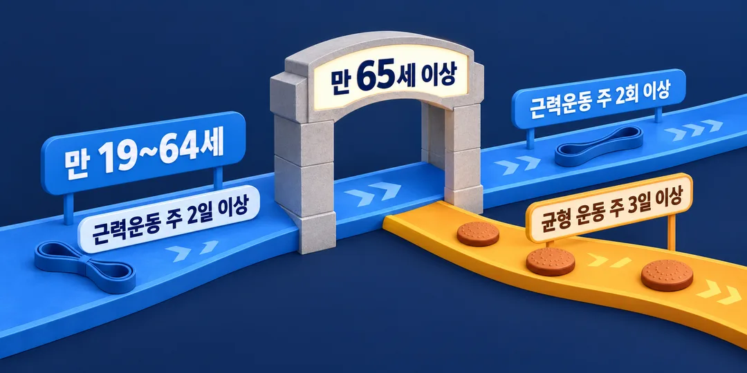 64세까지 이어진 근력운동 경로가 65세부터도 계속되고 균형 운동 경로가 추가되는 설명 그림.
