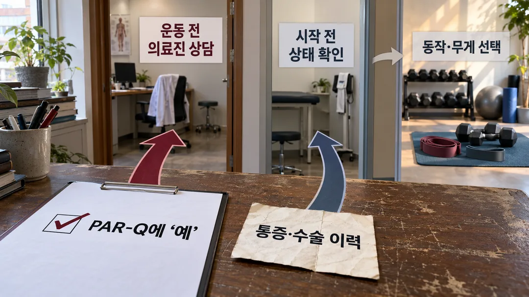 PAR-Q에 ‘예’가 나오면 운동 전 의료진 상담으로, 통증·수술 이력이 있으면 시작 전 상태 확인으로 이어진 뒤 동작과 무게를 고르는 순서를 보여주는 설명 그림.
