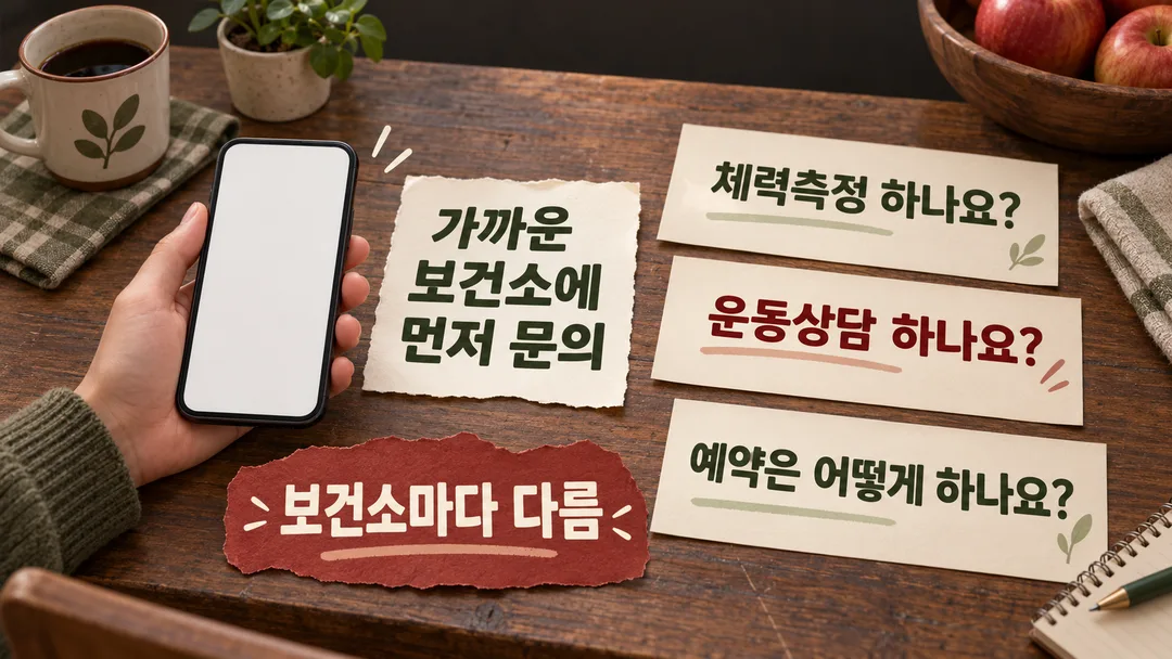집에서 가까운 보건소에 전화해 체력측정·운동상담 제공 여부와 예약 방법을 묻는 설명 그림. 서비스는 보건소마다 다르다고 표시한다.