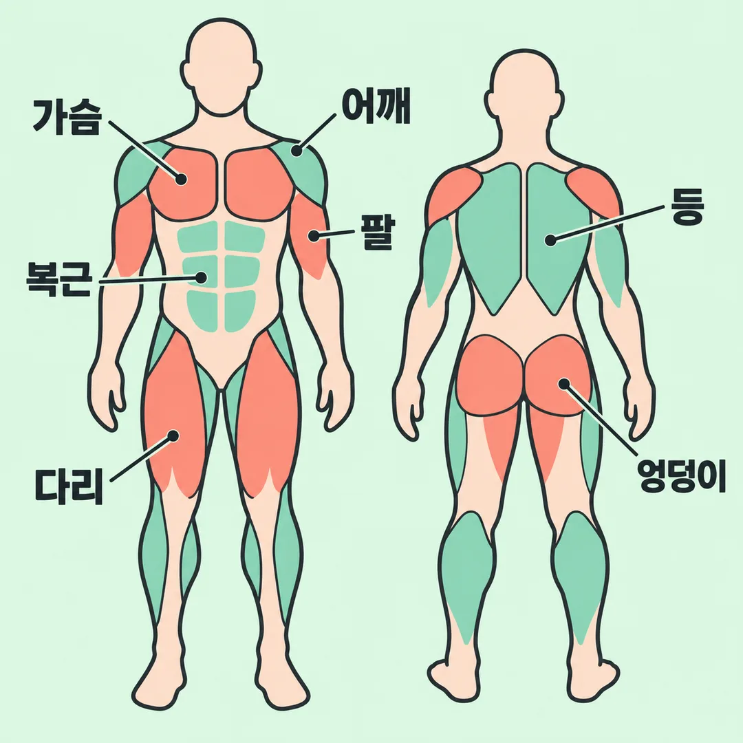 얼굴 없는 인체의 앞뒤 모습에서 다리·엉덩이·가슴·등·어깨·팔·복근 위치를 가리키는 설명 그림.