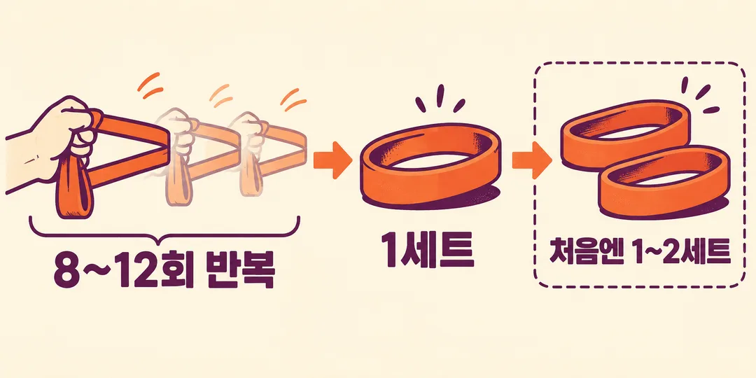 같은 근력 동작을 8~12회 반복해 한 세트로 묶고 처음에는 1~2세트부터 시작하는 순서를 나타낸 설명 그림.