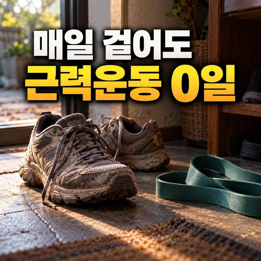 걷느라 닳은 운동화 옆에 쓰지 않은 근력운동 도구가 놓인 장면. ‘매일 걸어도 근력운동 0일’이라는 문구가 크게 보인다.