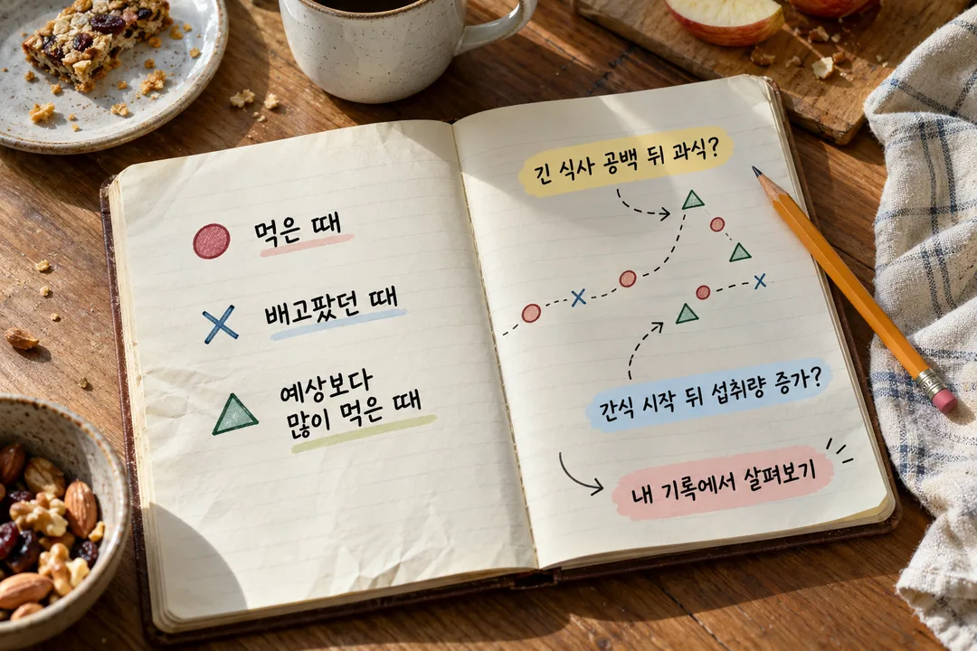 설명 그림. 사용 흔적이 있는 식사 기록장에 먹은 때와 허기, 예상보다 많이 먹은 때를 함께 표시하고 긴 공백 뒤 과식과 간식 뒤 섭취량 증가라는 가능한 패턴을 질문으로 비교한다.
