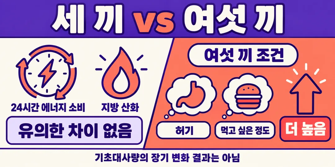 설명 그림. 세 끼와 여섯 끼 조건의 24시간 에너지 소비와 지방 산화에는 유의한 차이가 없었고, 여섯 끼 조건의 허기와 먹고 싶은 정도는 더 높았음을 구분한다. 기초대사량의 장기 변화 결과는 아니다.