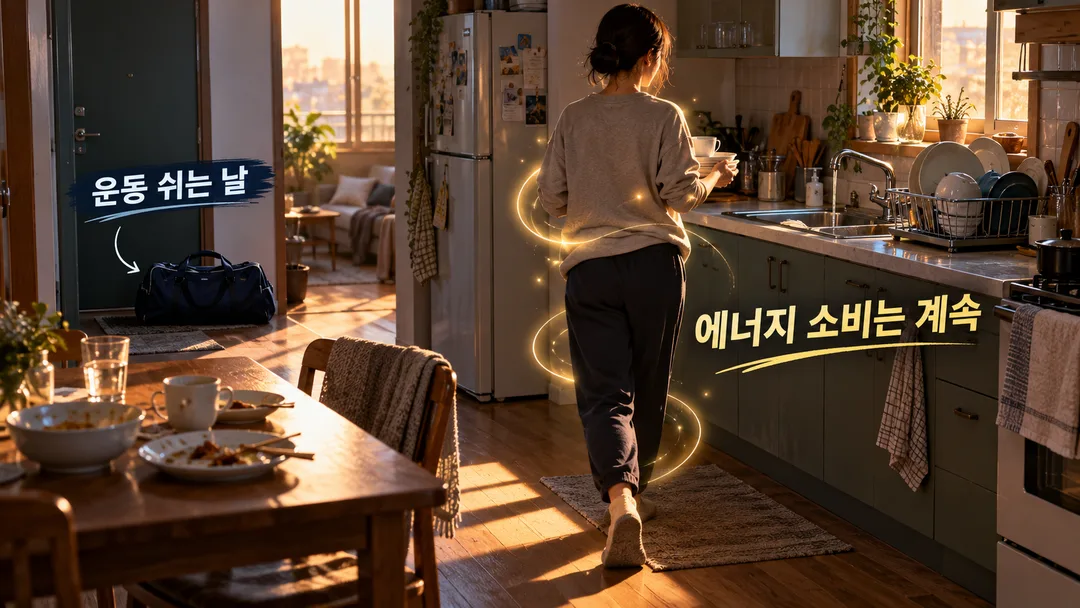 설명 장면. 운동 가방을 내려놓은 사람이 집 안에서 식기를 옮기는 동안에도 에너지를 쓴다는 뜻을 보여 준다.