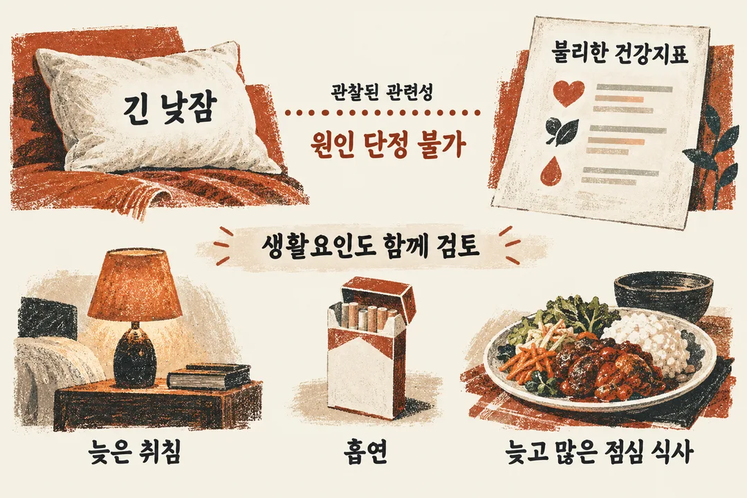 설명 그림. 긴 낮잠과 건강지표 사이의 관찰된 관련성 옆에 해석에 영향을 줄 수 있는 생활요인을 함께 놓는다.