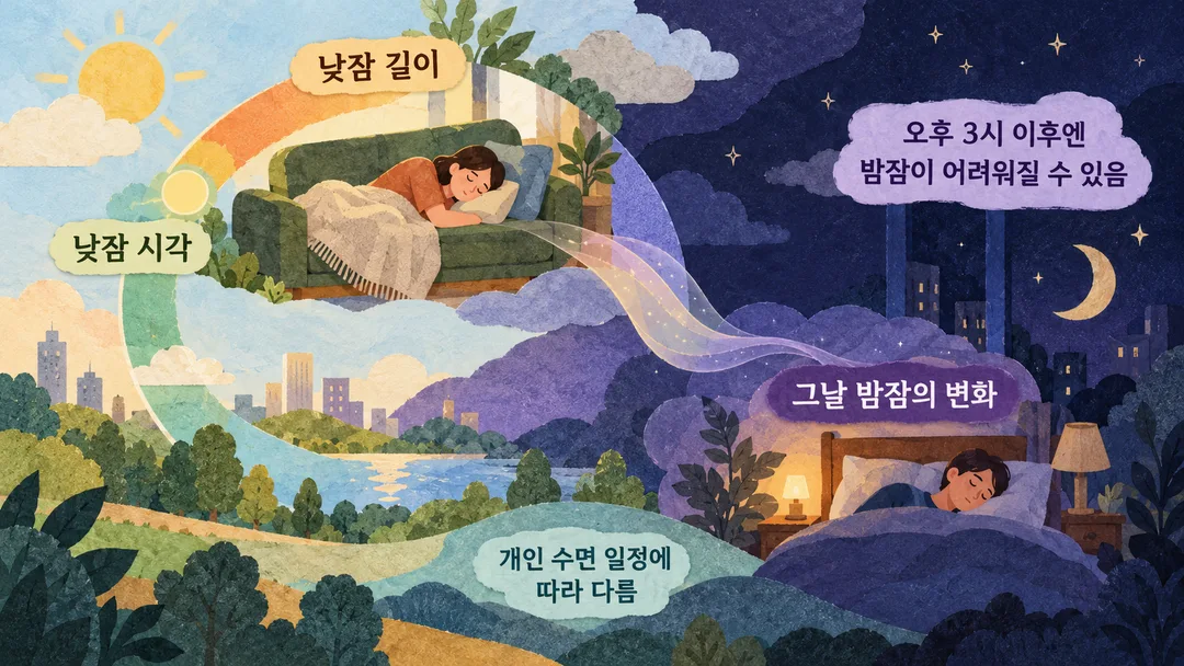 설명 그림. 낮잠 길이와 자는 시각을 그날 밤잠의 변화와 함께 살피는 관계를 보여준다.