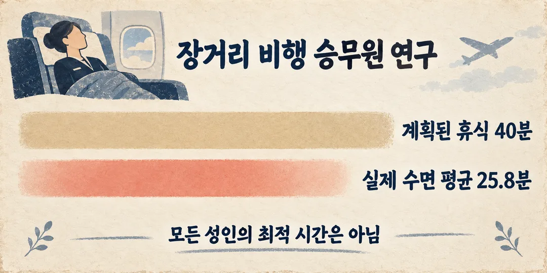 설명 그림. 장거리 비행 승무원 연구의 40분 휴식 구간 안에 평균 25.8분의 실제 수면 구간을 별도로 표시한다.
