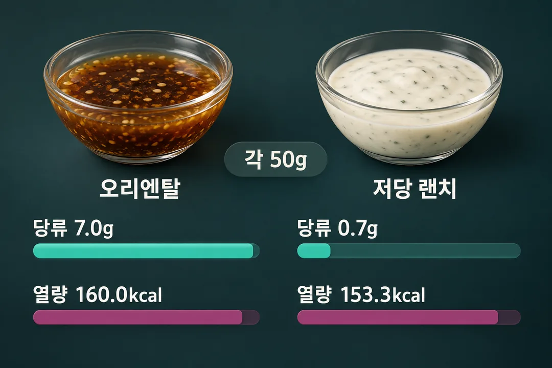 비교 그림. 각 50g인 오리엔탈과 저당 랜치 드레싱의 당류는 각각 7.0g과 0.7g, 열량은 각각 160.0kcal와 153.3kcal로 표시한다.