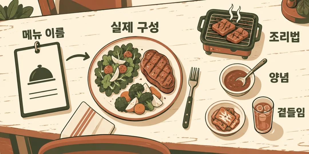 설명 그림. 메뉴 이름표 뒤에 음식의 조리법, 양념, 곁들임이 따로 놓여 있어 이름만으로 식사 구성을 알 수 없음을 보여준다.