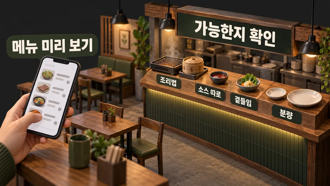 설명 그림. 온라인 메뉴를 미리 본 뒤 주문할 때 조리법, 소스, 곁들임, 분량을 변경할 수 있는지 확인하는 흐름을 보여준다.
