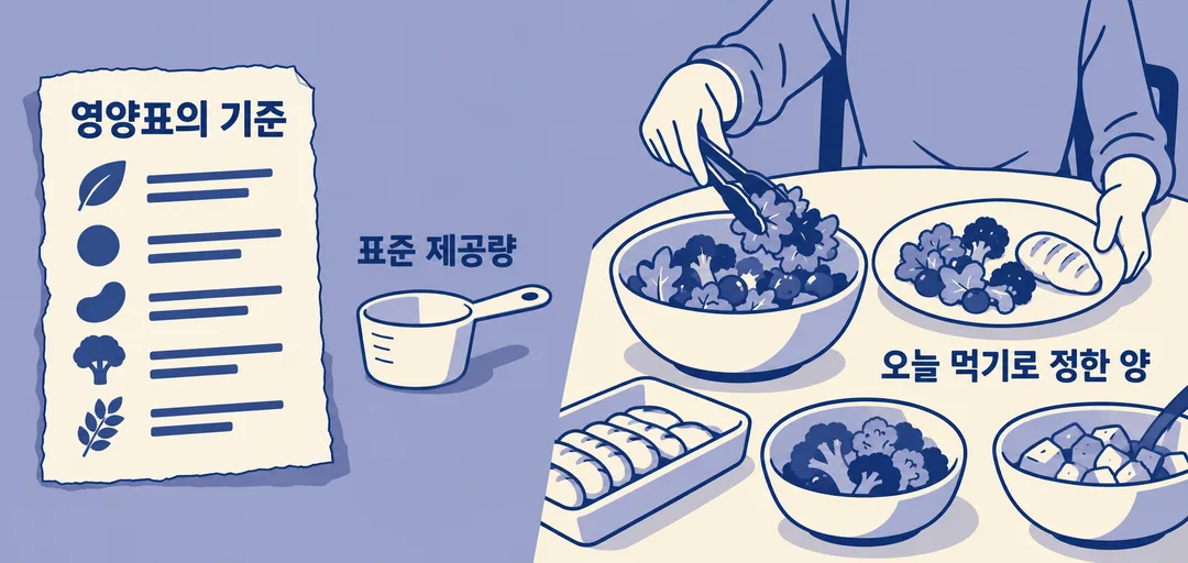 설명 그림. 영양표에 적힌 표준 제공량은 표시 기준이고, 오늘 먹기로 정한 양은 식탁에서 별도로 결정한다는 차이를 보여준다.