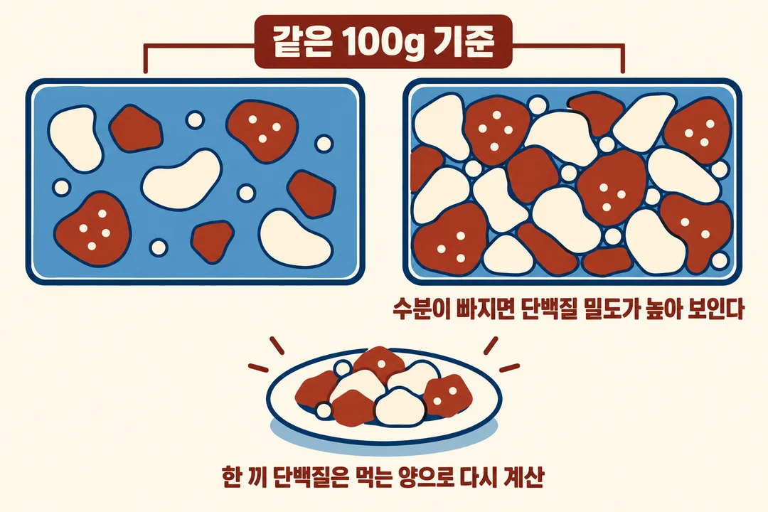 수분이 많은 식품과 말린 식품의 같은 100g을 대비하고, 한 끼 분량은 별도로 따져야 함을 보여 주는 설명 그림