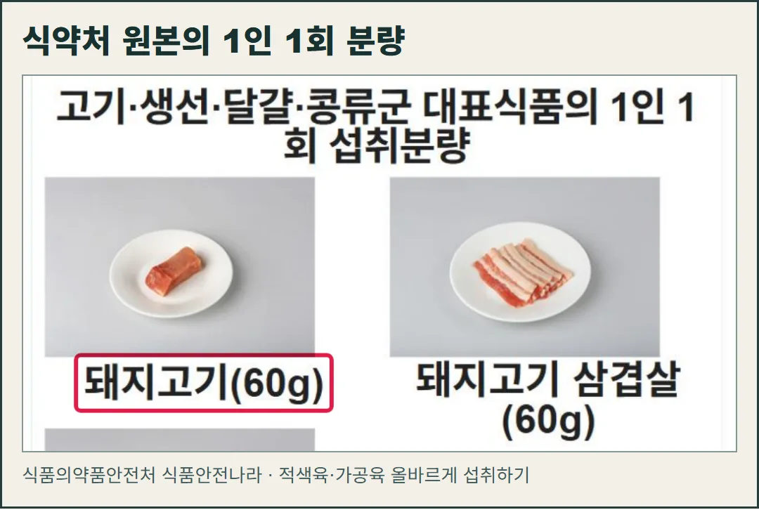식약처 식품안전나라의 고기류 1인 1회 분량 안내를 담은 실제 화면