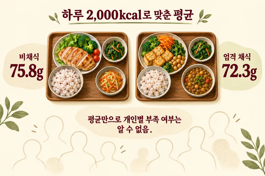 비채식과 엄격 채식의 2,000kcal 기준 평균 단백질 섭취량을 비교하면서 개인별 부족 여부는 평균만으로 알 수 없다고 밝히는 정보 그림