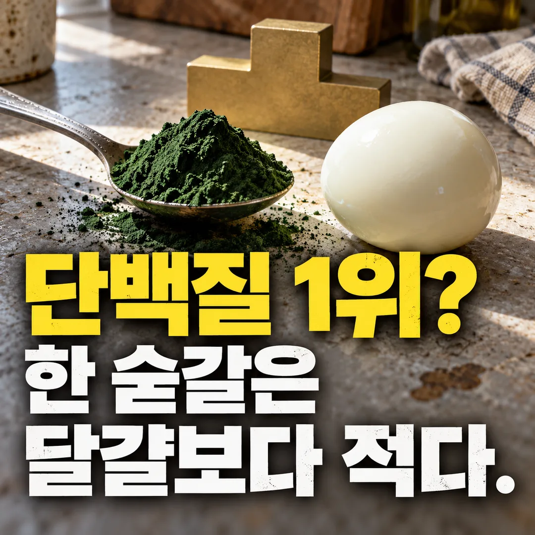 말린 스피루리나 가루 한 숟갈과 달걀 한 개를 맞세워 100g 순위와 먹는 양의 차이를 묻는 그림