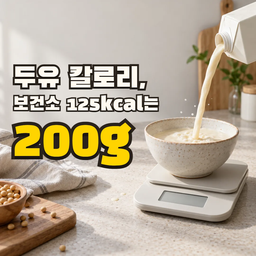 두유 칼로리, 보건소 125kcal는 200g — 주방 저울 위 그릇으로 따라지는 두유
