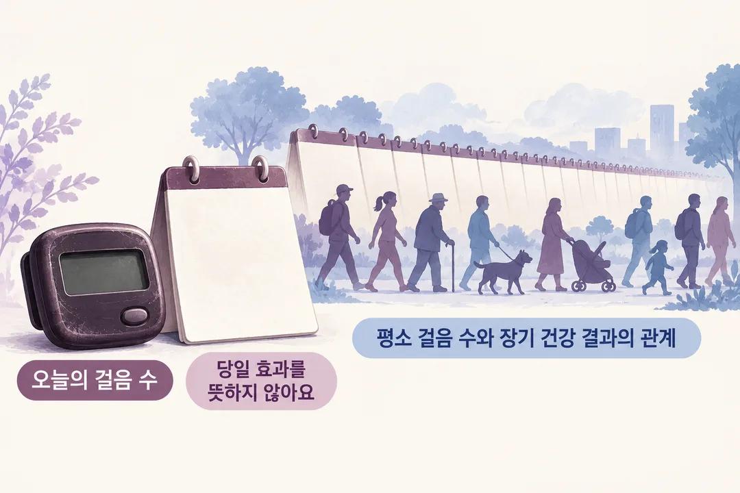 설명 그림. 하루의 걸음 기록과 여러 사람의 장기 관찰 기록을 다른 시간 규모로 보여 주며 당일 효과로 해석하지 않도록 한다.