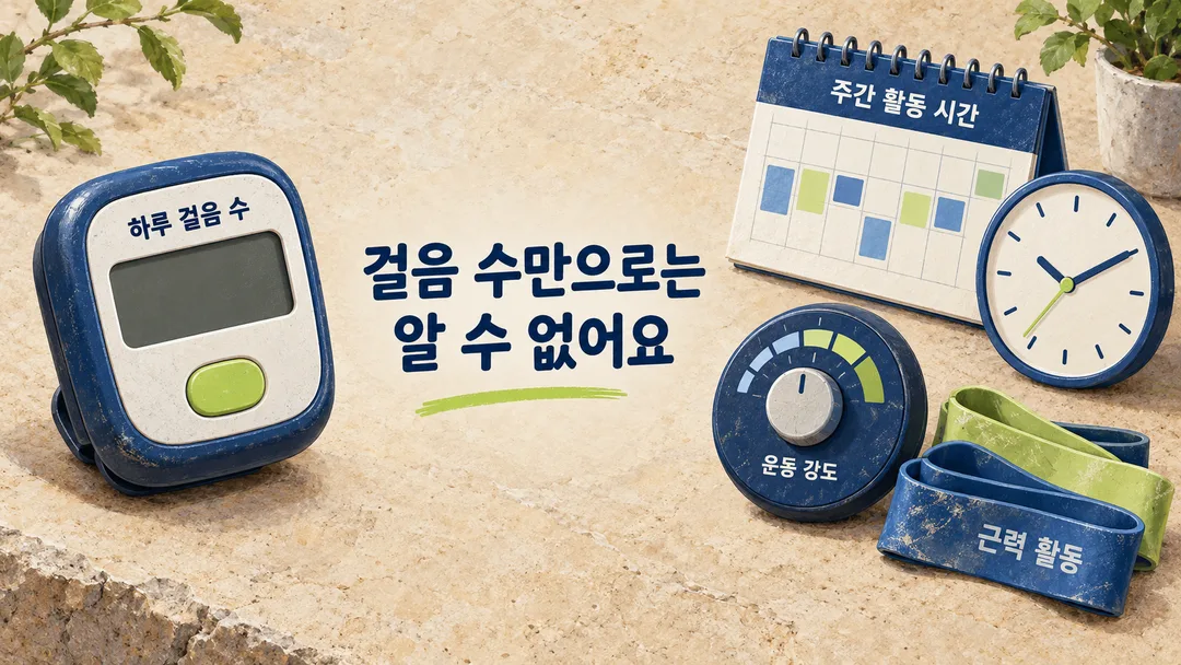 설명 그림. 하루 걸음 수 기록과 주간 활동 시간, 강도, 근력 활동을 따로 보여 주어 걸음 수만으로 권고 충족을 판단할 수 없음을 설명한다.
