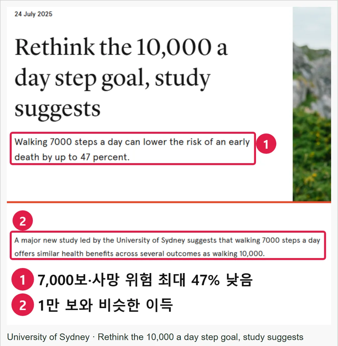시드니대학교의 2025년 7월 연구 발표 원본 화면. 하루 7,000보에 관한 설명의 실제 출처를 보여 준다.